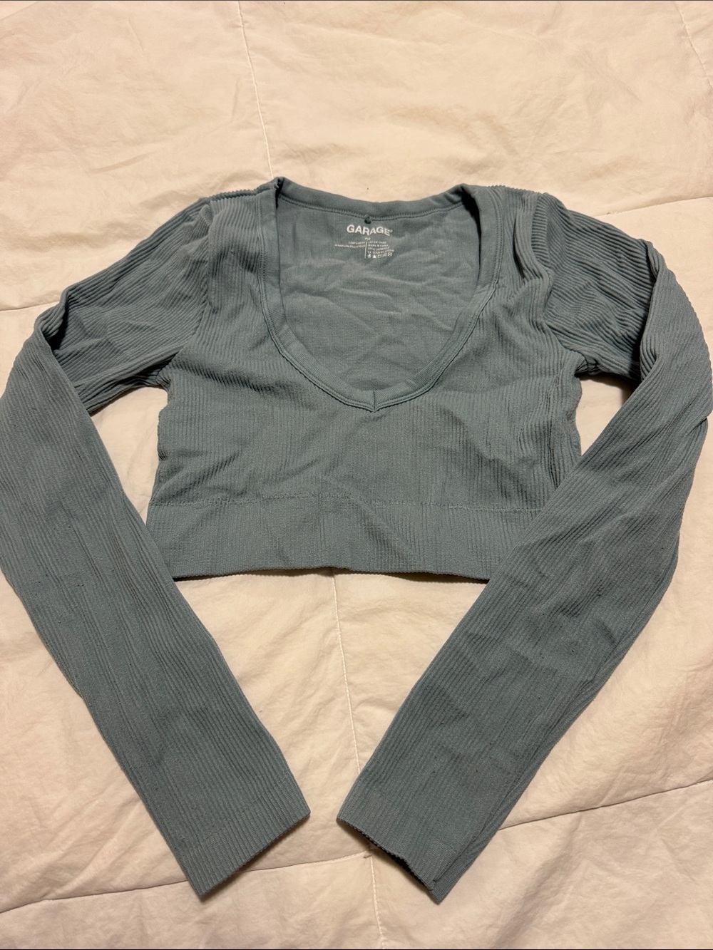 Garage Ribbed Long Sleeve Crop Top in Dusty Teal Green